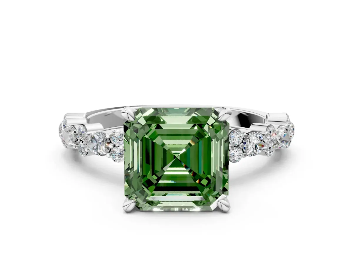 Fancy Green Asscher Cut Diamond Side Stone Solitaire Ring with Round and Four-Prong Setting Platinum