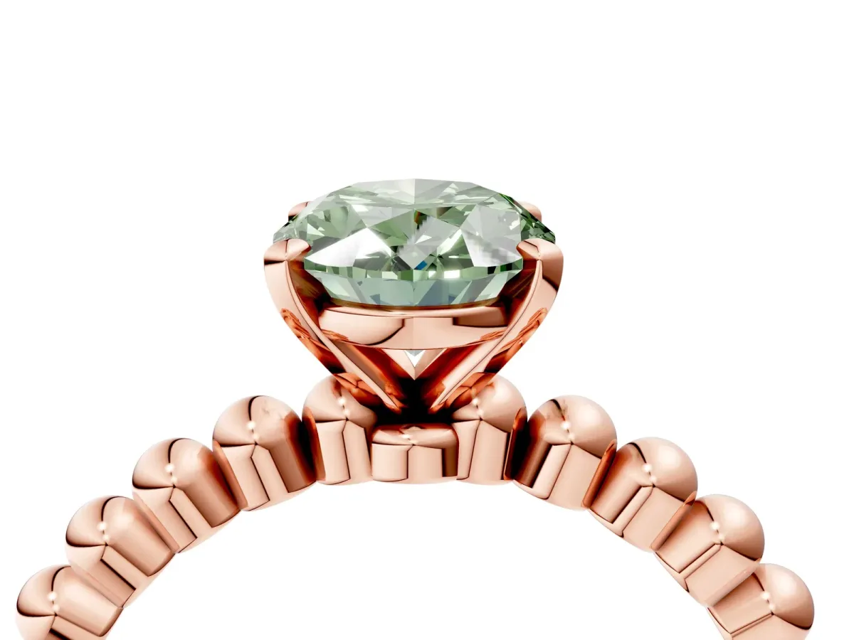 Fancy Green Oval Cut Diamond Solitaire Ring with Beaded Band and Prong Setting Rose gold