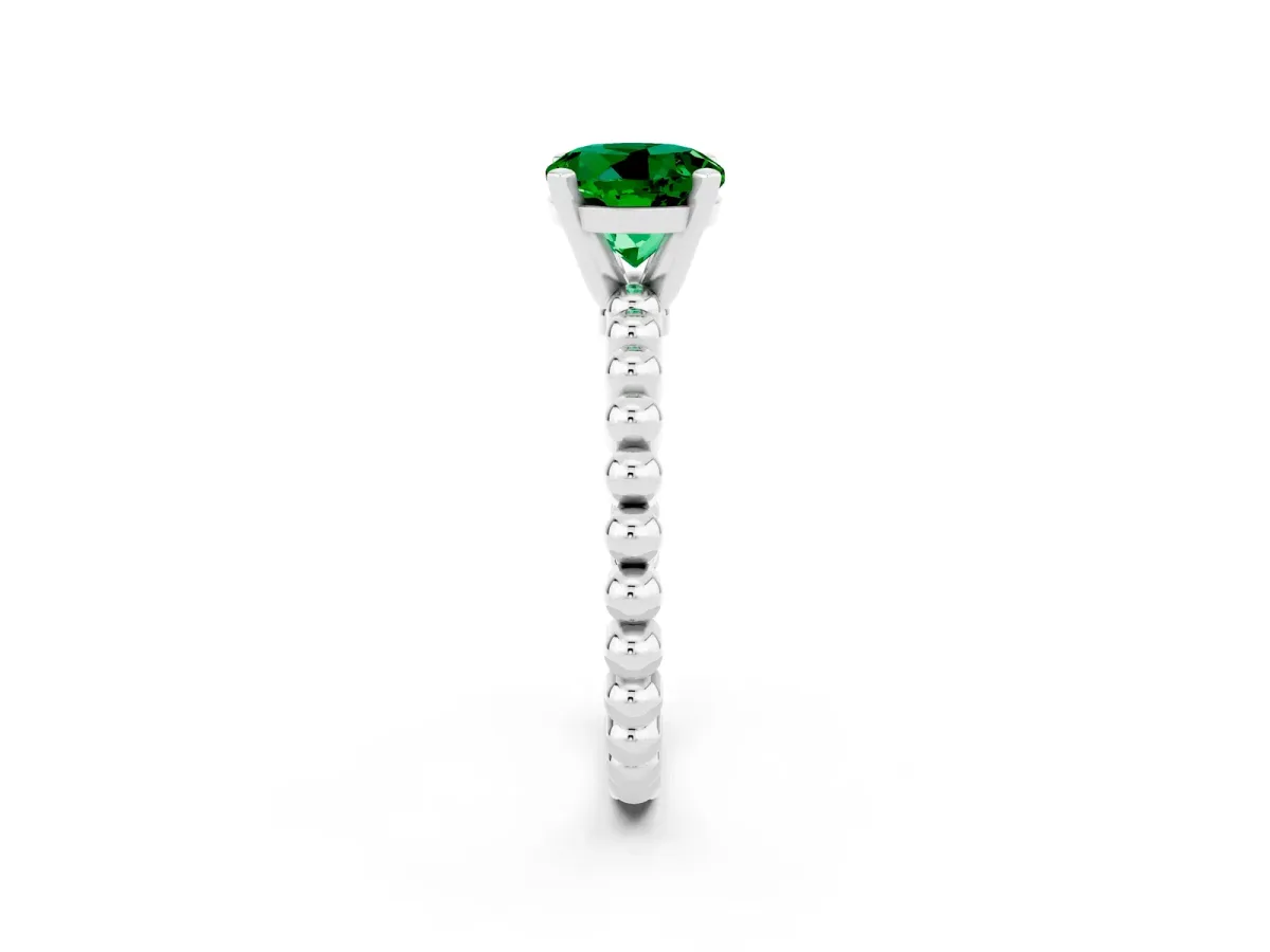 Round Cut Emerald Solitaire Ring with Beaded Band and Prong Setting Silver