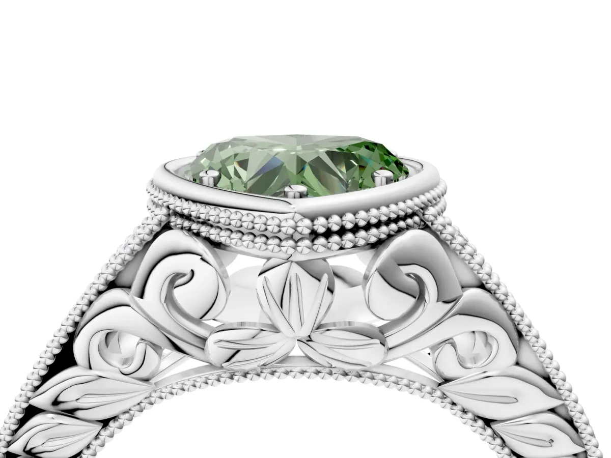 Fancy Green Bezel Set Heart Cut Diamond Milgrain Pave Engagement Ring Platinum