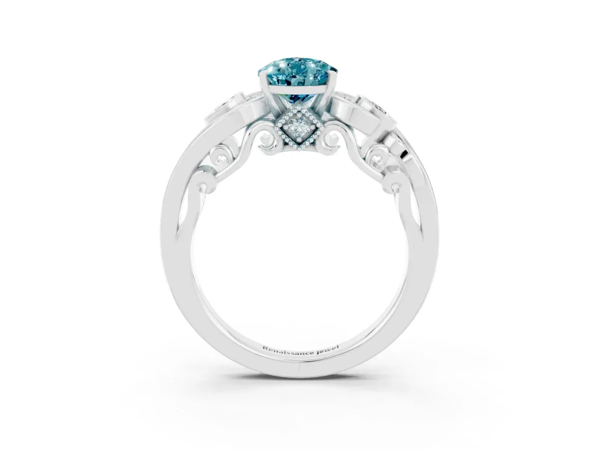 Pear Cut Blue Topaz Solitaire Ring with Milgrain Pavé Band and Four-Prong Setting Silver