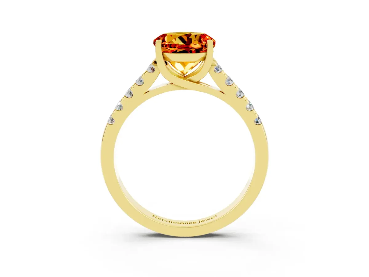 Round Cut Citrine Pavé Band Solitaire Ring with Prong Setting Yellow gold