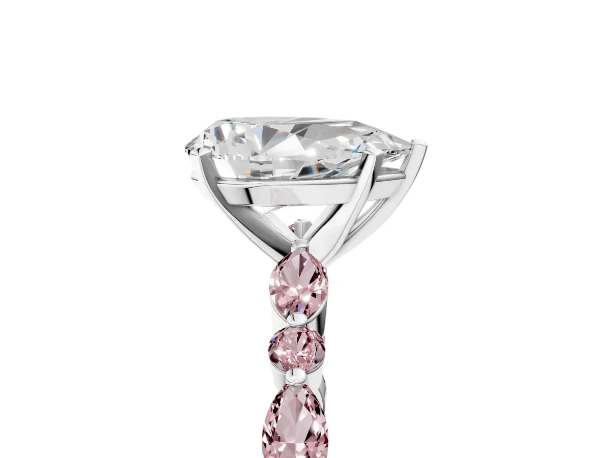 Pear Cut Diamond Ring with Marquise and Round Morganite Side Stones and Four-Prong Setting Silver