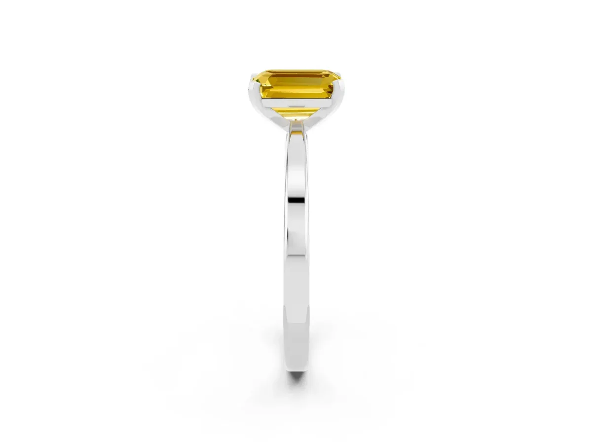 Emerald Cut Yellow Sapphire Solitaire Engagement Ring with Classic Band and Four-Prong Setting Silver