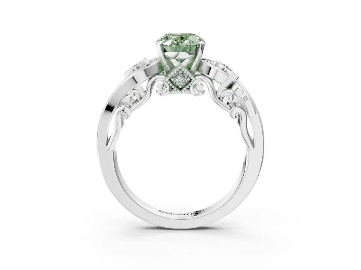 Fancy Green Oval Cut Diamond Solitaire Ring with Milgrain Pavé Band and Four-Prong Setting Silver