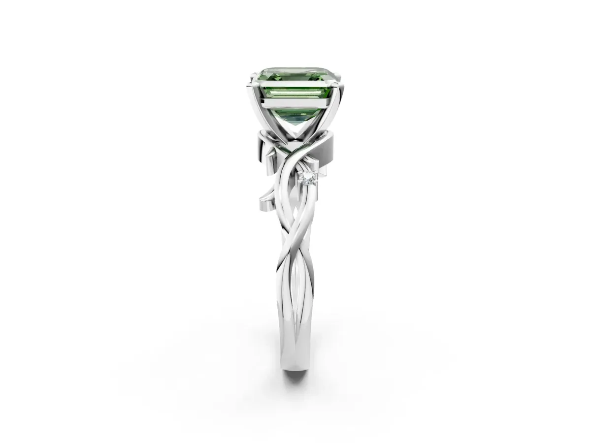Fancy Green Asscher Cut Diamond Solitaire Ring with Twisted Band and Prong Setting Platinum