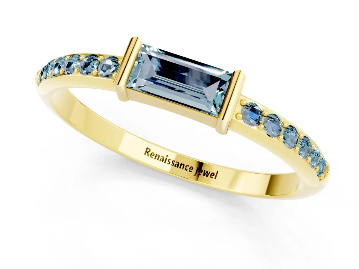 Baguette Aquamarine Pavé Band with Bar Setting Yellow gold