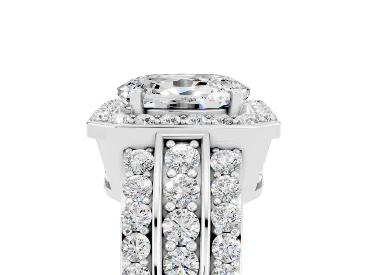 Oval Cut Halo Moissanite Ring with Round Split Shank and Prong Setting White gold