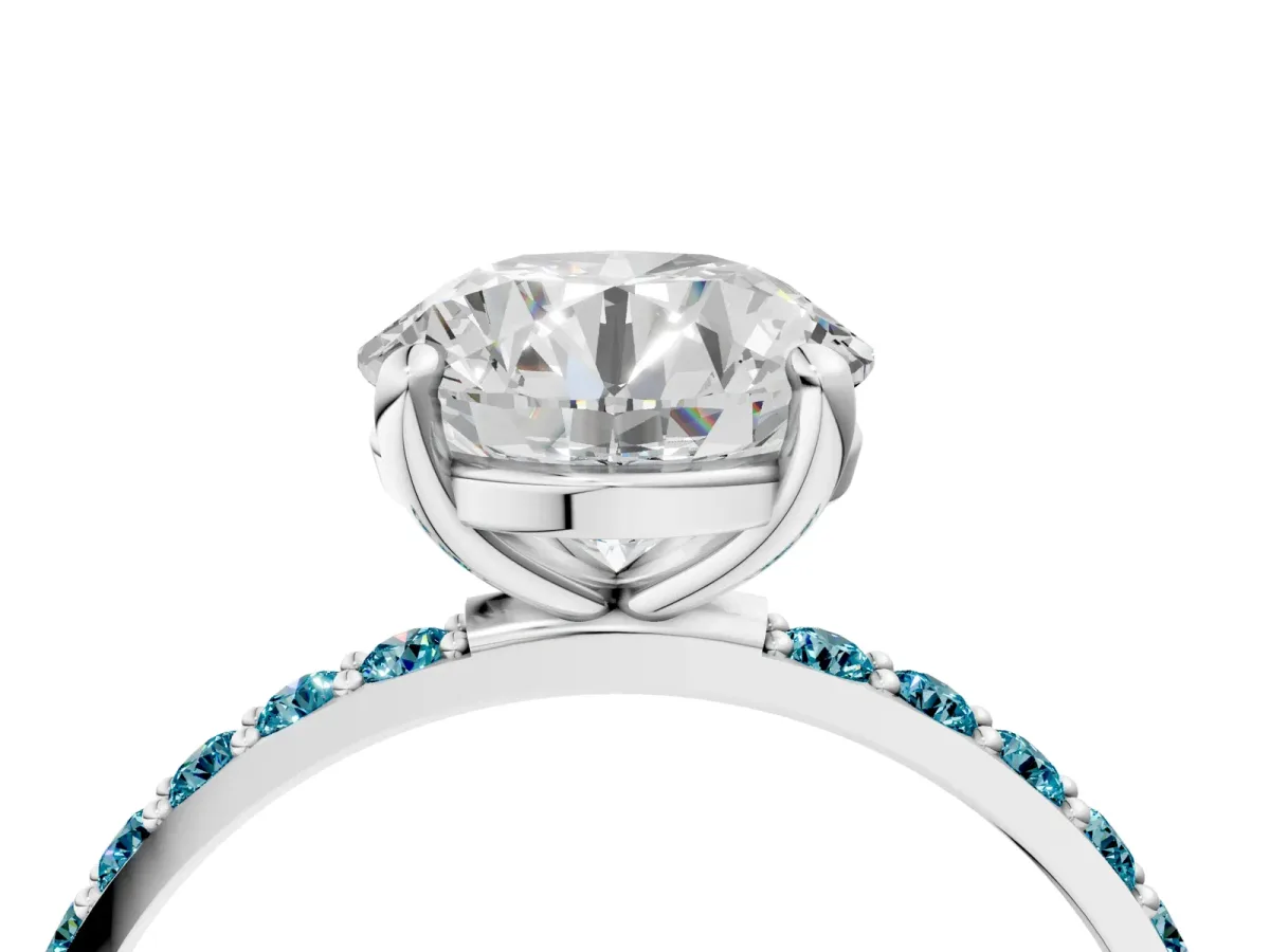 Round Cut Diamond Solitaire Ring with Round Blue Topaz Pavé Band and Prong Setting Silver