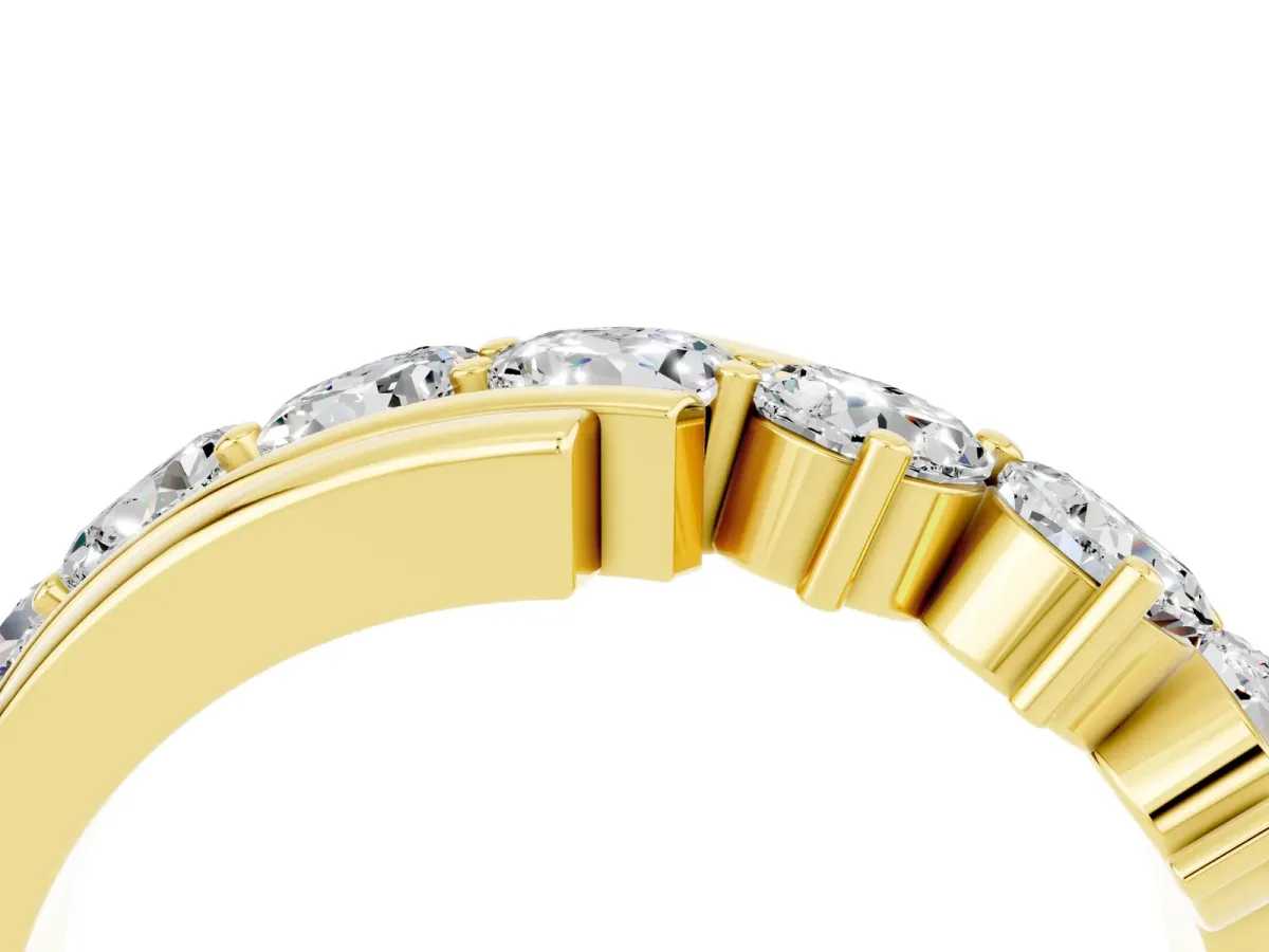 Round Moissanite Wave Band with Channel and Shared Prong Setting Yellow gold