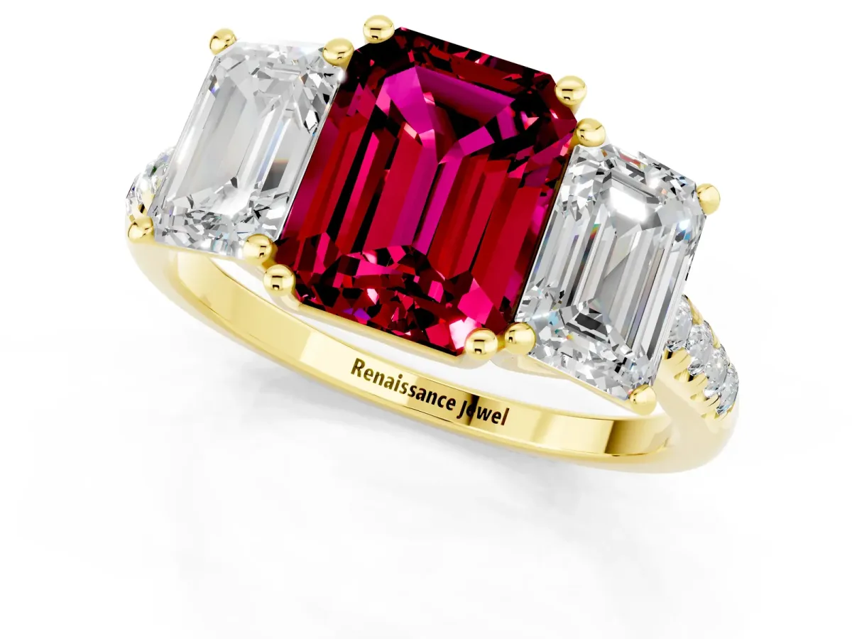 Three-Stone Emerald Cut Garnet Ring with Round Pavé Band and Prong Setting Yellow gold