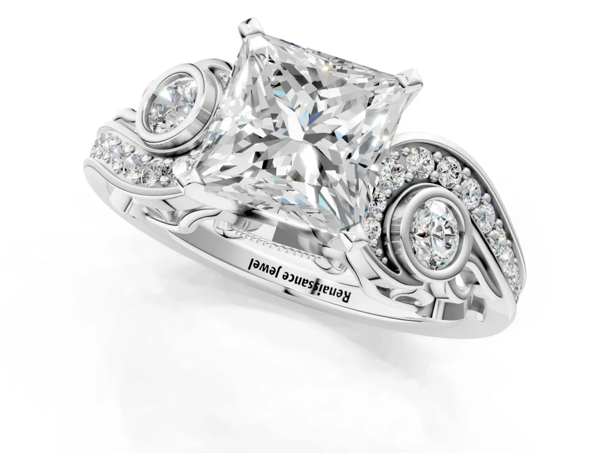 Princess Cut Diamond Solitaire Ring with Milgrain Pavé Band and Four-Prong Setting Silver