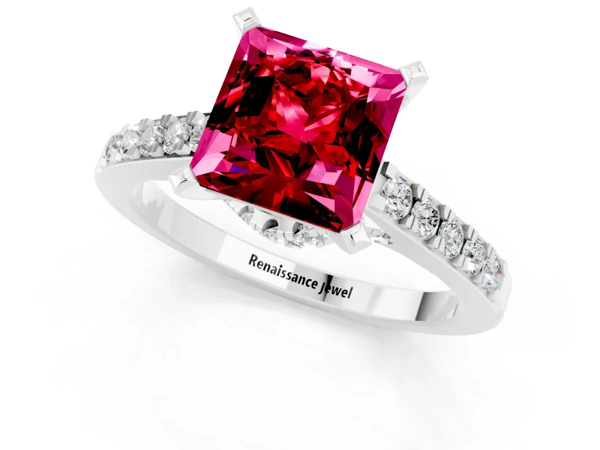 Princess Cut Ruby Solitaire Ring with Crossover Gallery and Round Pavé Band White gold