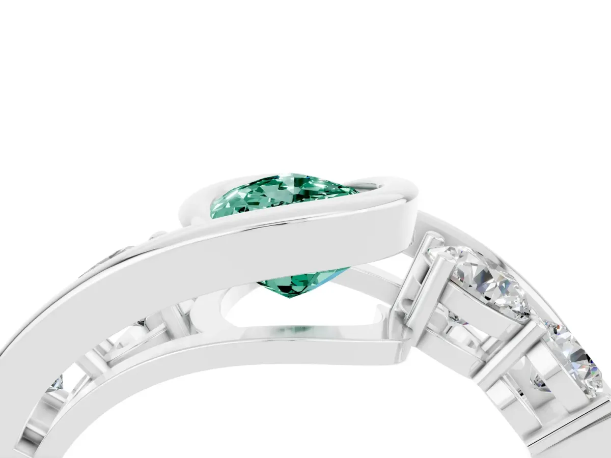 Bezel Set Pear Cut Green Sapphire Bypass Ring with Round Accents Silver