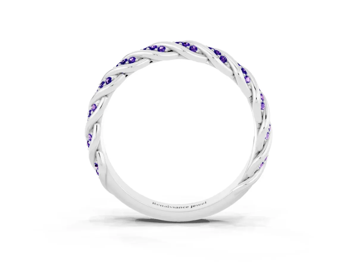Twisted Pavé Round Tanzanite Eternity Band with Shared Prong Setting Silver