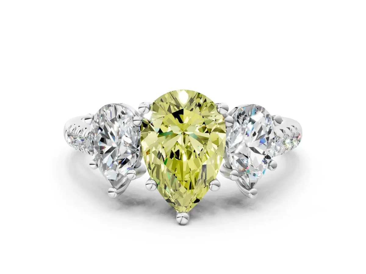 Fancy Yellow Three-Stone Pear Cut Diamond Ring with Round Pavé Band and Prong Setting Silver