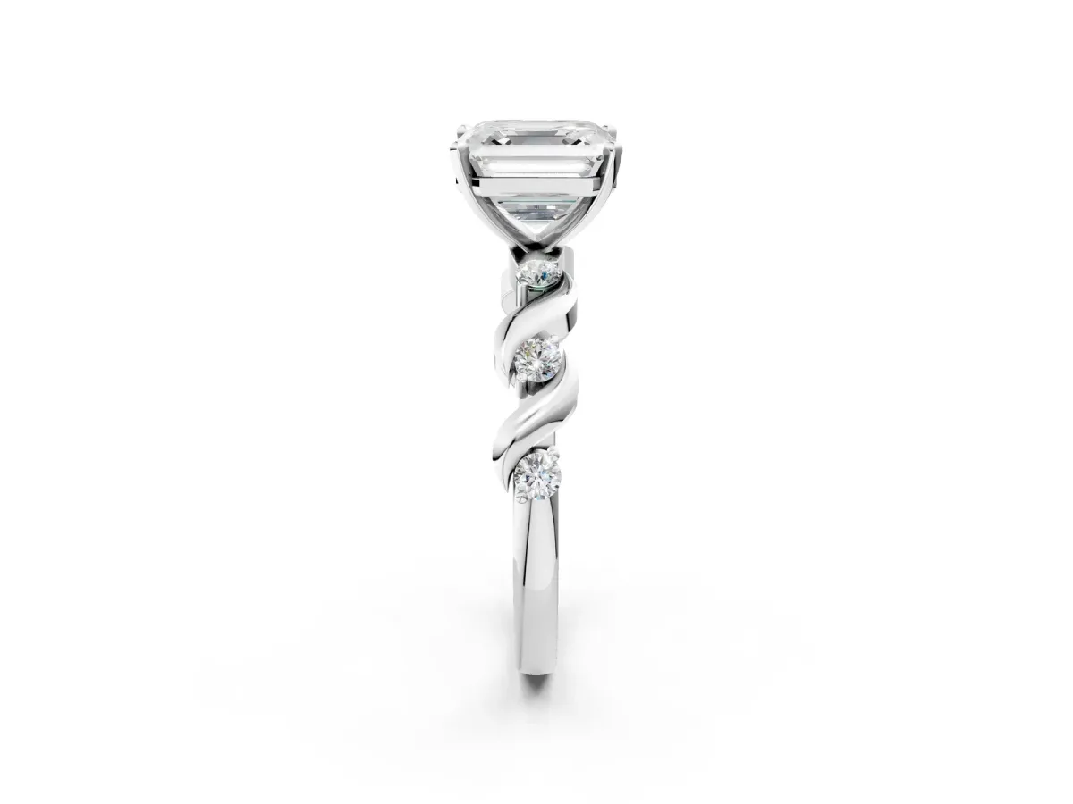 Asscher Cut Diamond Solitaire Twisted Band with Round Accents and Prong Setting Silver