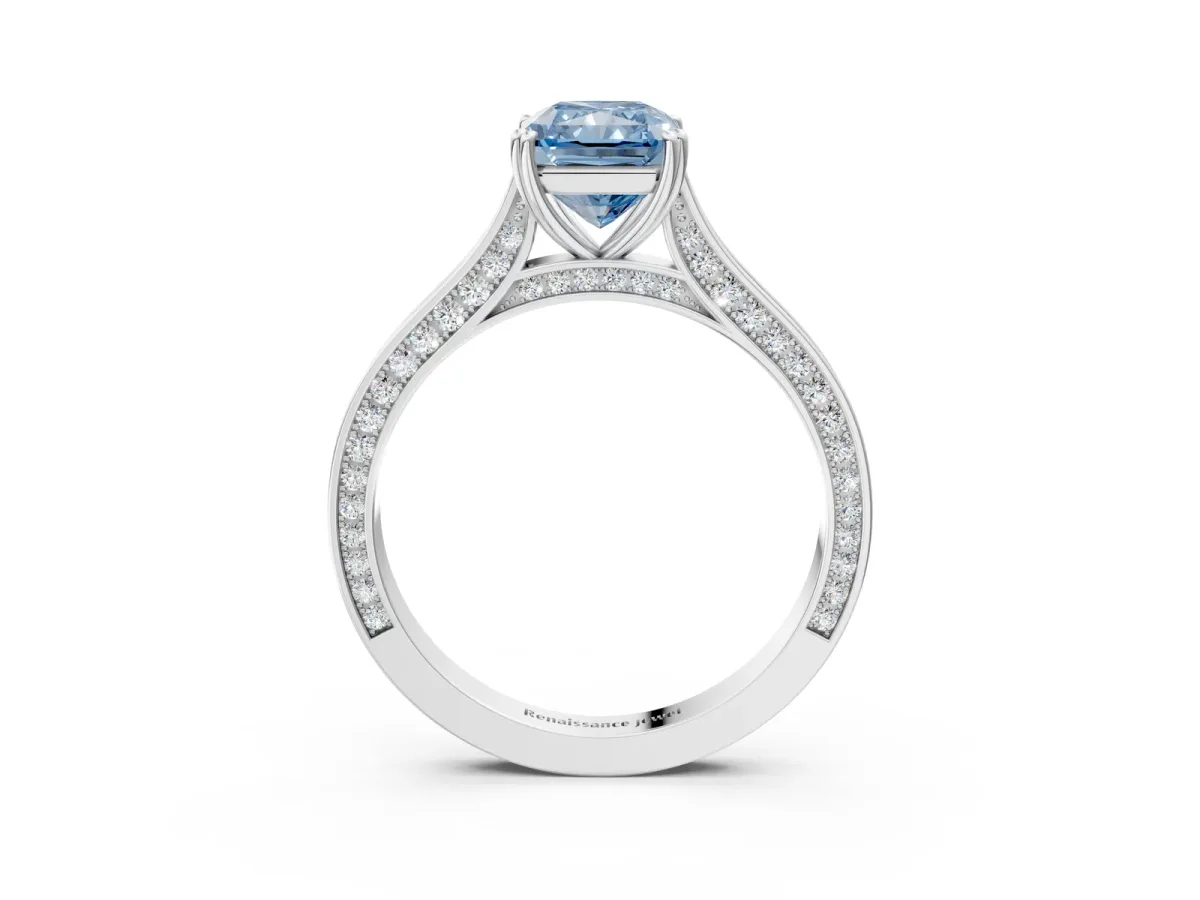 Fancy Blue Radiant Cut Diamond Solitaire with Pave Band and Six-Prong Setting Platinum