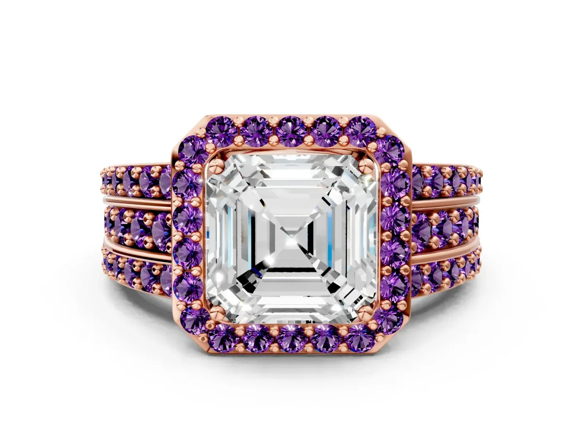 Asscher Cut Halo Diamond Ring with Round Amethyst Split Shank and Prong Setting Rose gold
