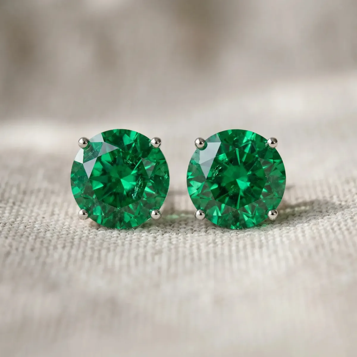 Round Cut Emerald Stud Earrings Platinum