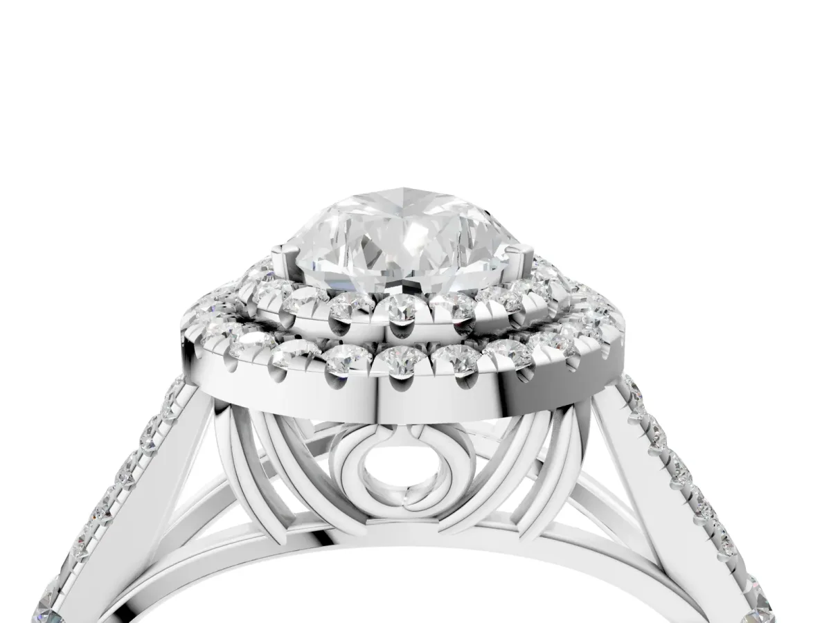 Double Halo Pear Cut Diamond Split Shank Engagement Ring with Four-Prong Setting White gold