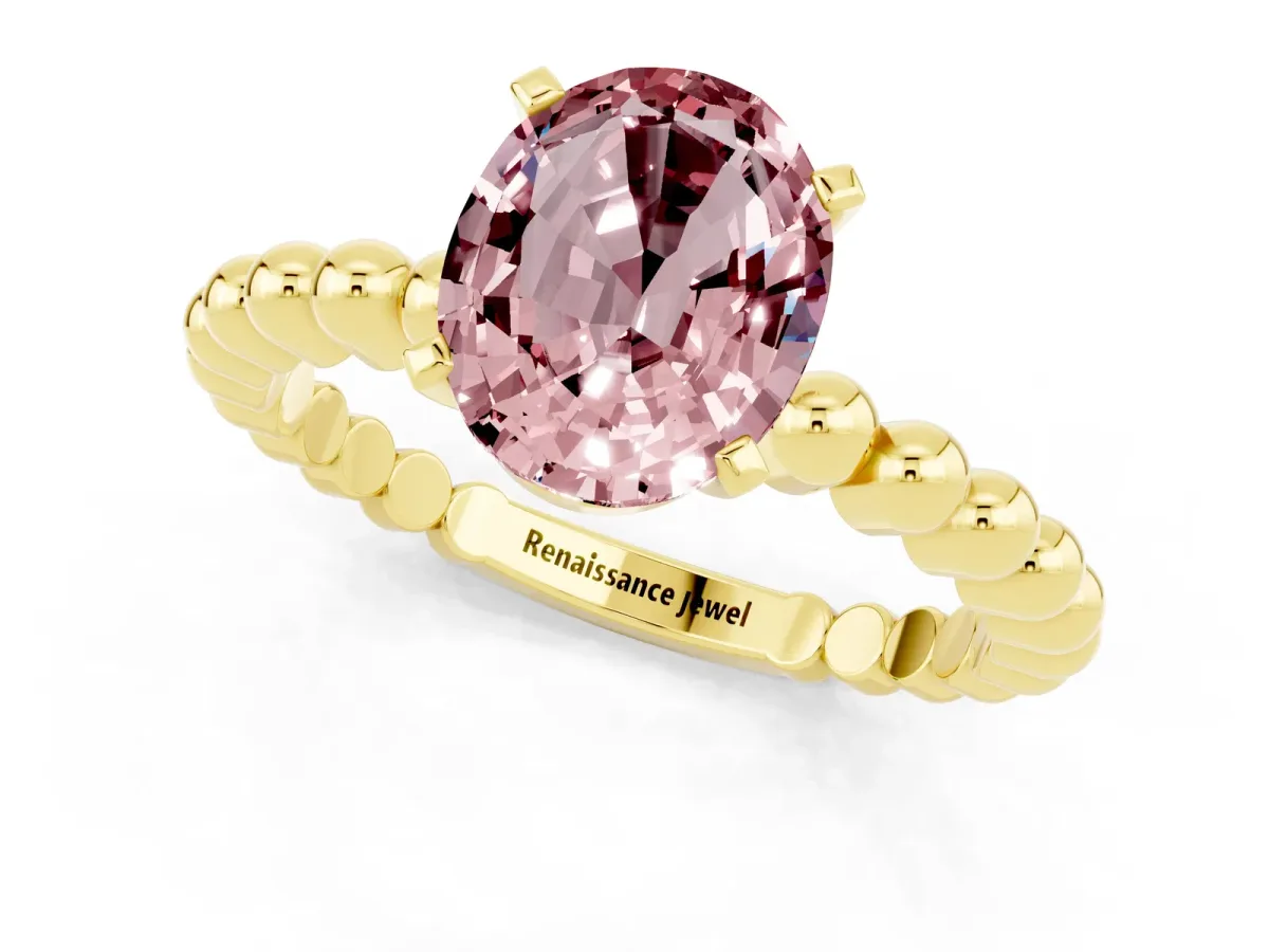 Oval Cut Morganite Solitaire Ring with Beaded Band and Prong Setting Yellow gold