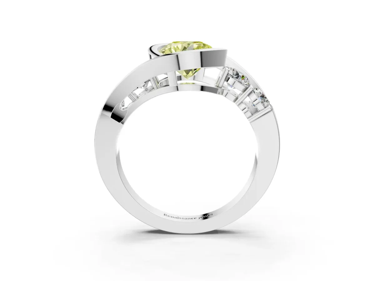 Fancy Yellow Bezel Set Round Cut Diamond Bypass Ring with Round Accents Platinum