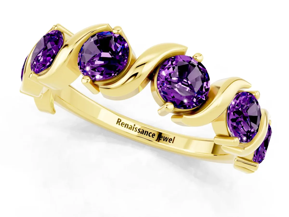 Six-Stone Round Amethyst Wave Band with Shared Prong Setting Yellow gold