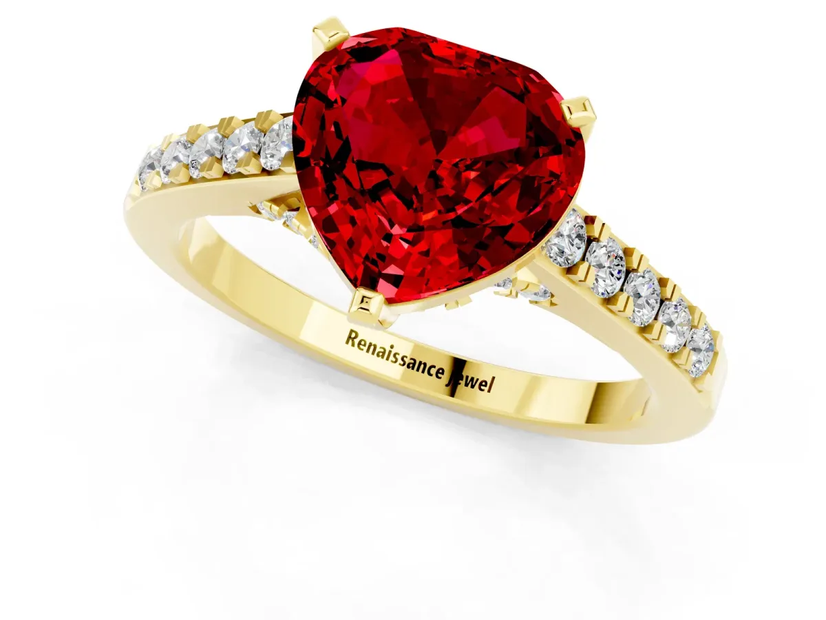 Heart Cut Ruby Solitaire Ring with Crossover Gallery and Round Pavé Band Yellow gold