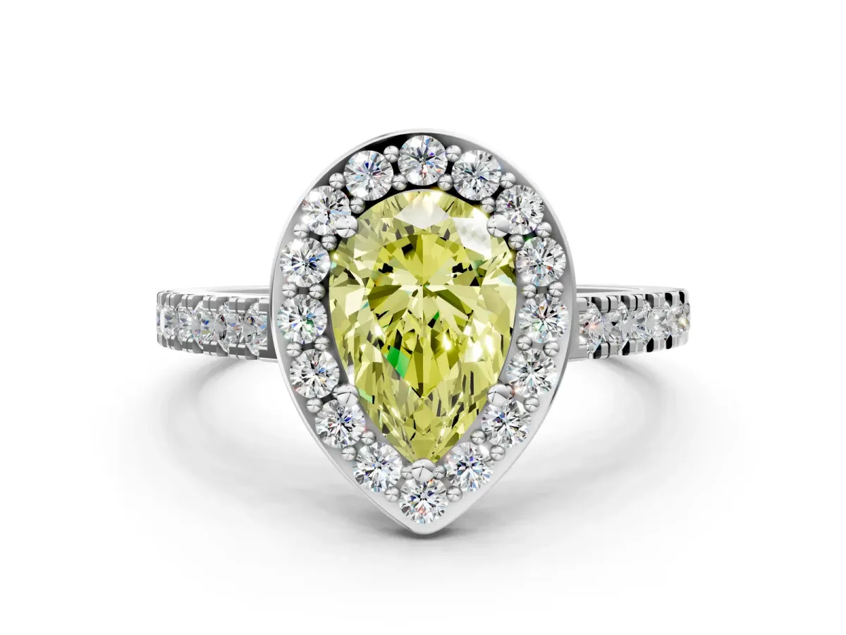 Fancy Yellow Pear Cut Diamond Halo Ring with Round Pavé Split Shank and Prong Setting Platinum