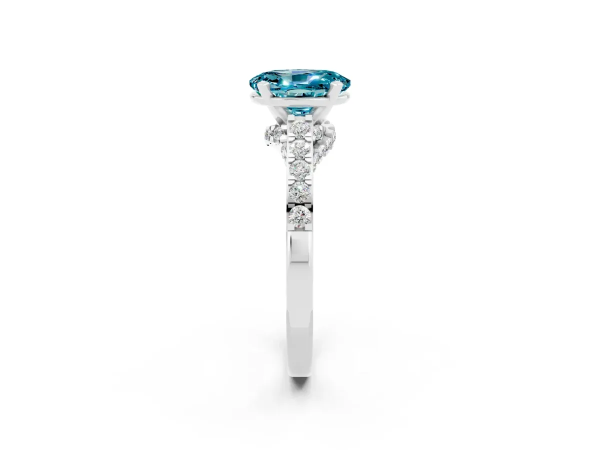Oval Cut Blue Topaz Solitaire Ring with Crossover Gallery and Round Pavé Band Silver