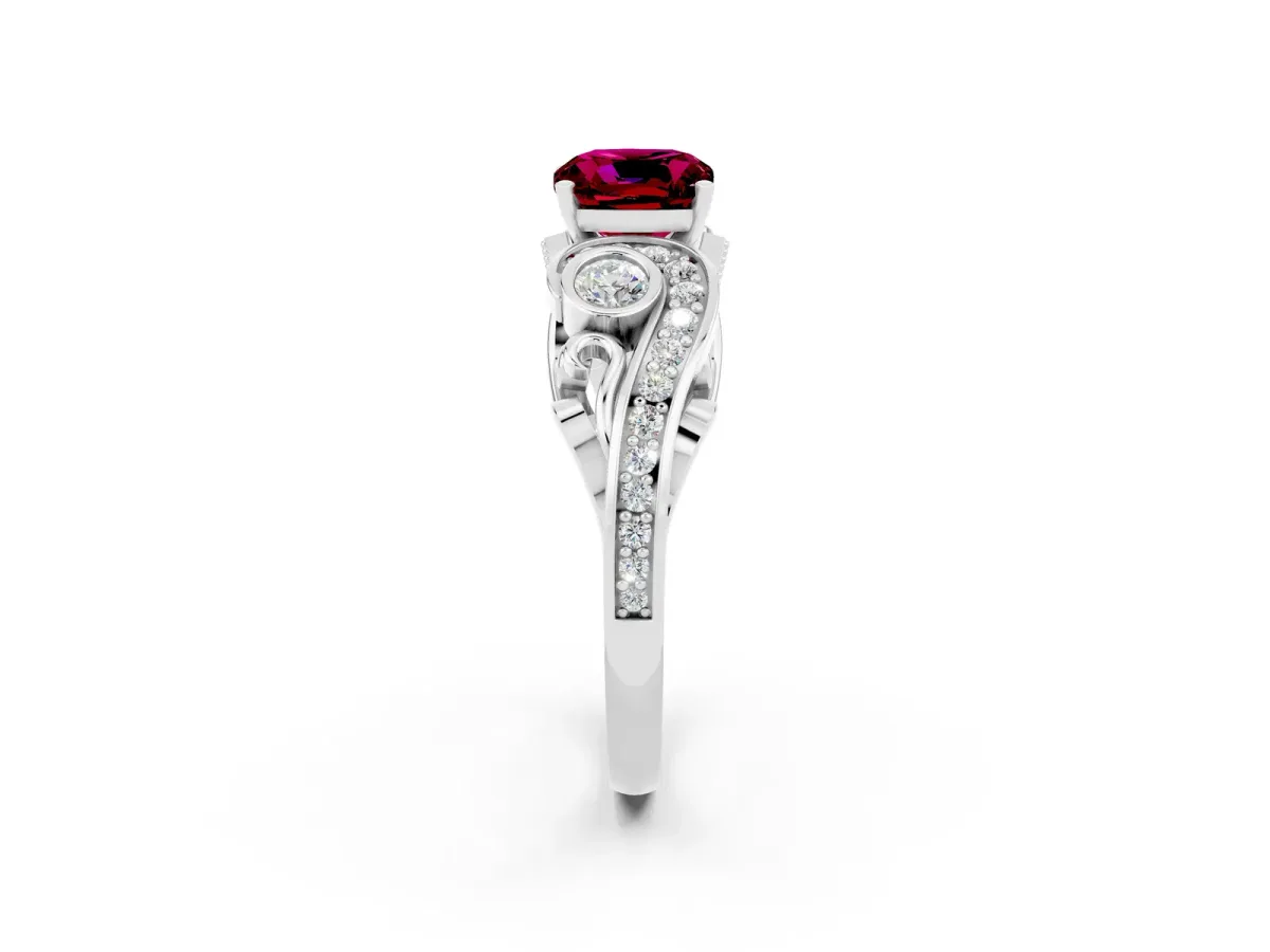 Cushion Cut Garnet Solitaire Ring with Milgrain Pavé Band and Four-Prong Setting Silver