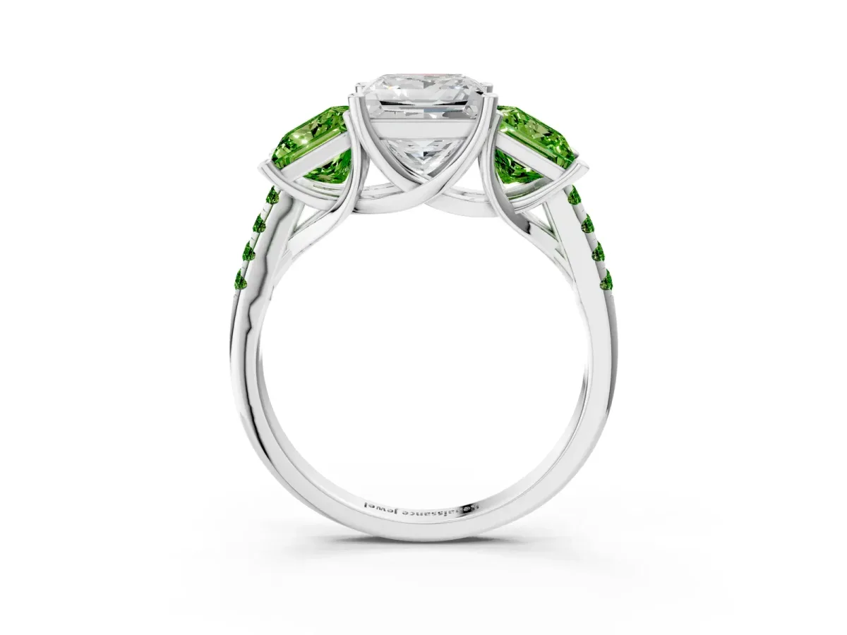 Three-Stone Princess Cut Diamond Ring with Round Peridot Pavé Band and Prong Setting Silver