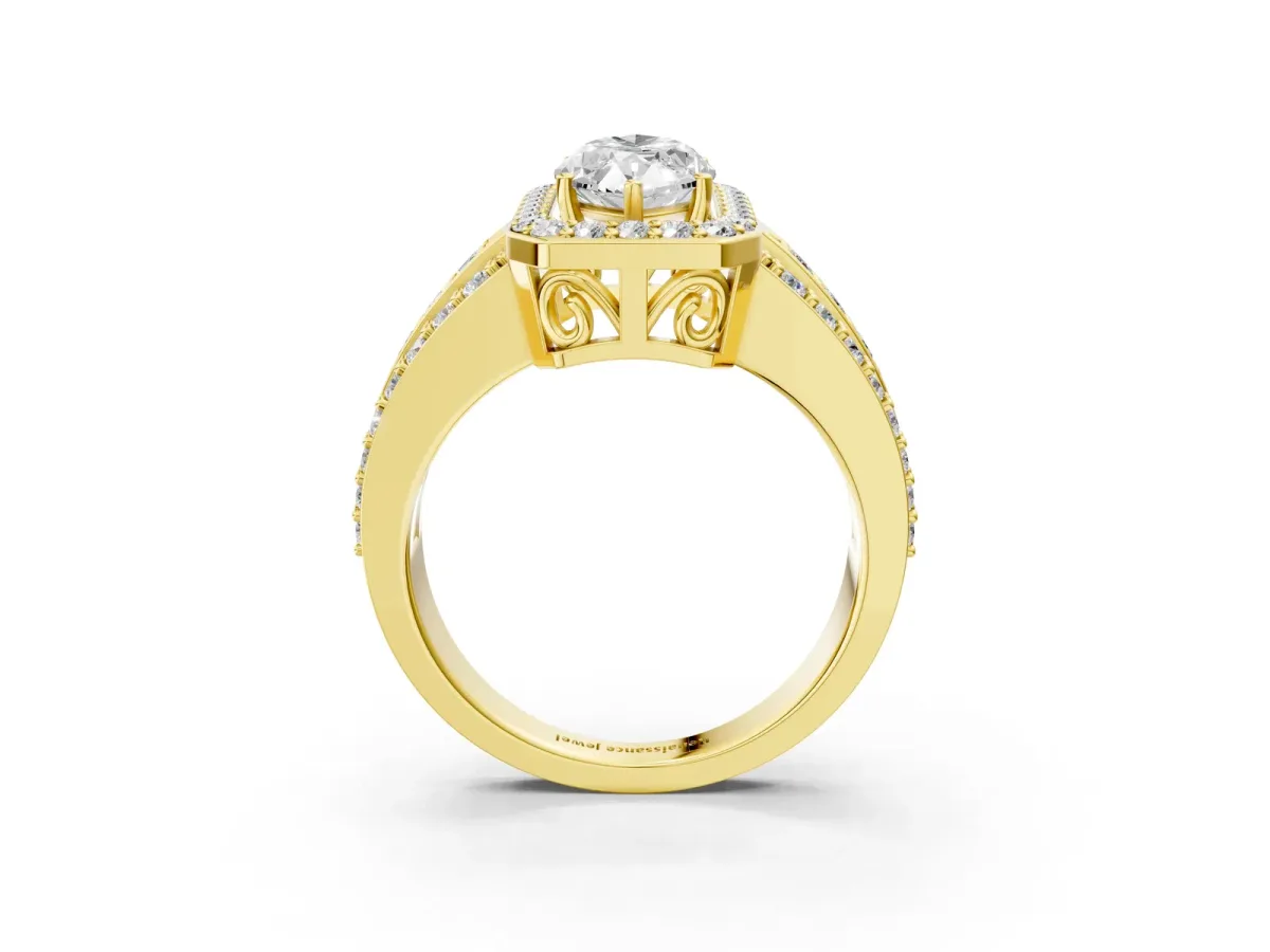Marquise Cut Halo Diamond Ring with Round Split Shank and Prong Setting Yellow gold