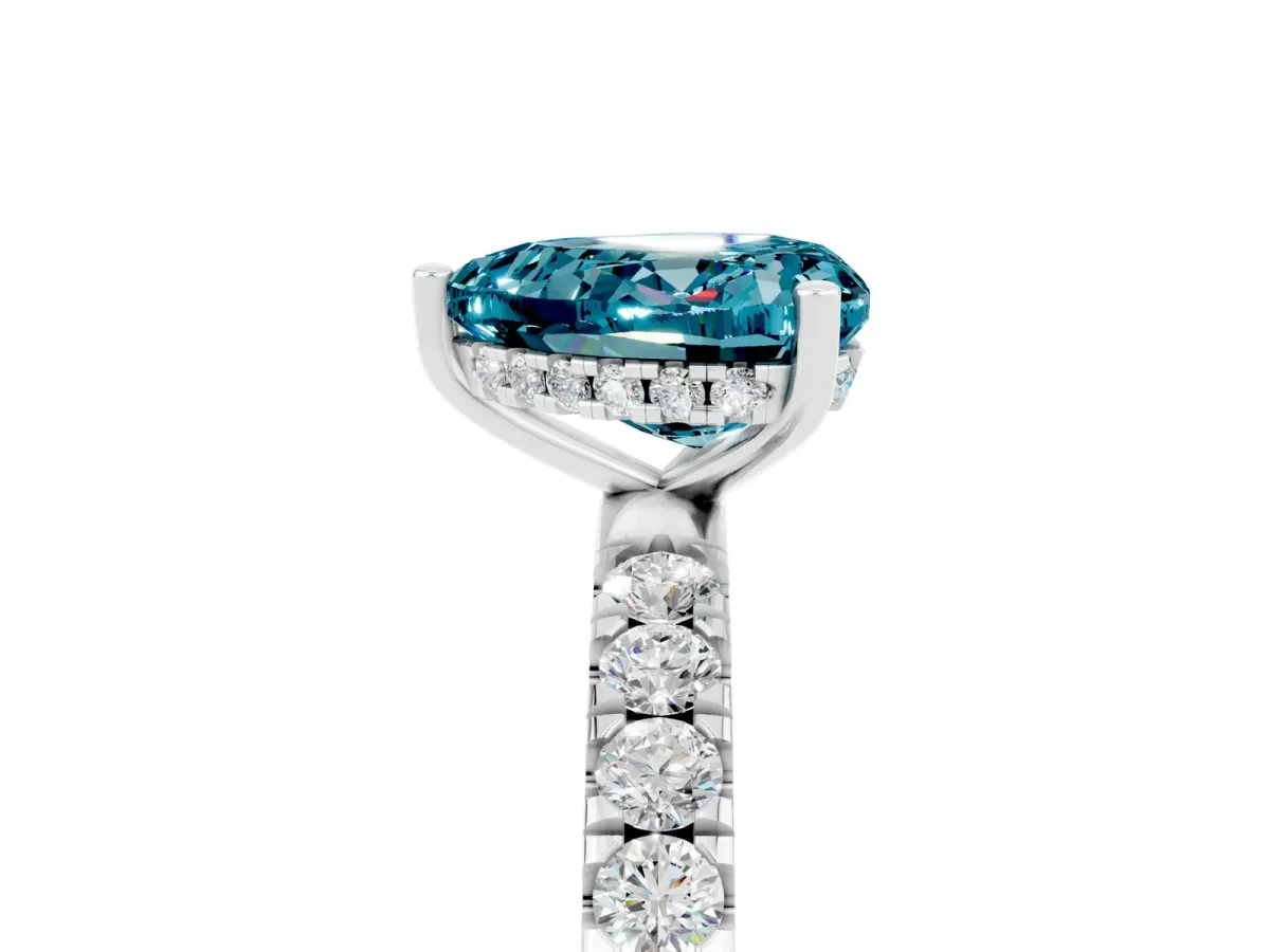 Heart Cut Blue Topaz Pave Band Solitaire Ring with Round and Prong Setting Silver