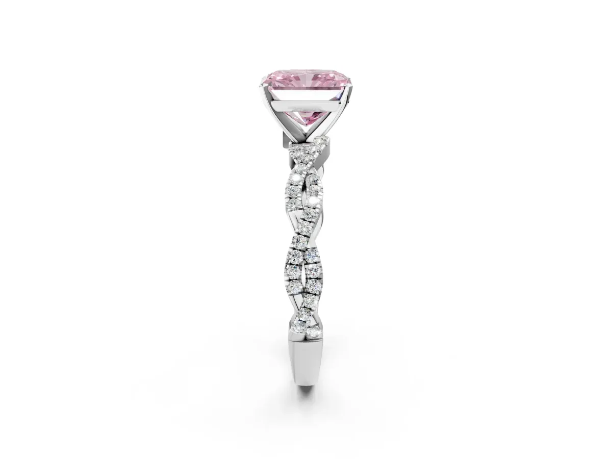 Fancy Pink Radiant Cut Solitaire Twisted Pave Band with Four-Prong Setting Platinum
