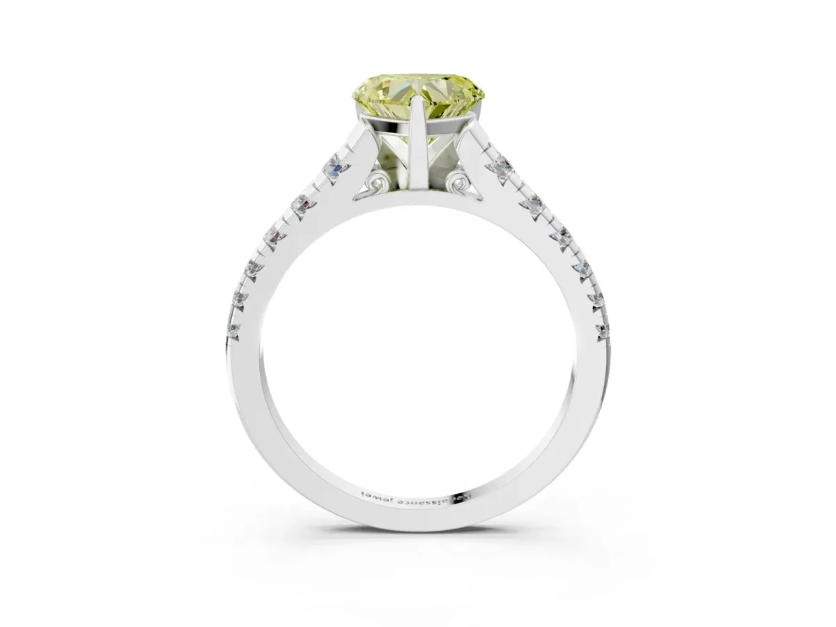 Fancy Yellow Heart Cut Diamond Cathedral Solitaire Ring with Round Pavé Band Silver