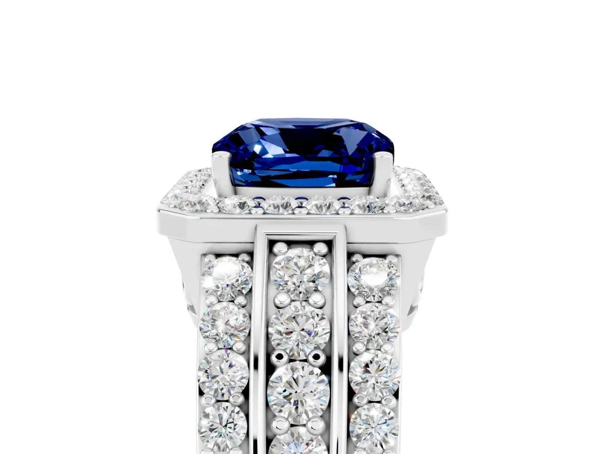Cushion Cut Halo Blue Sapphire Ring with Round Split Shank and Prong Setting Silver