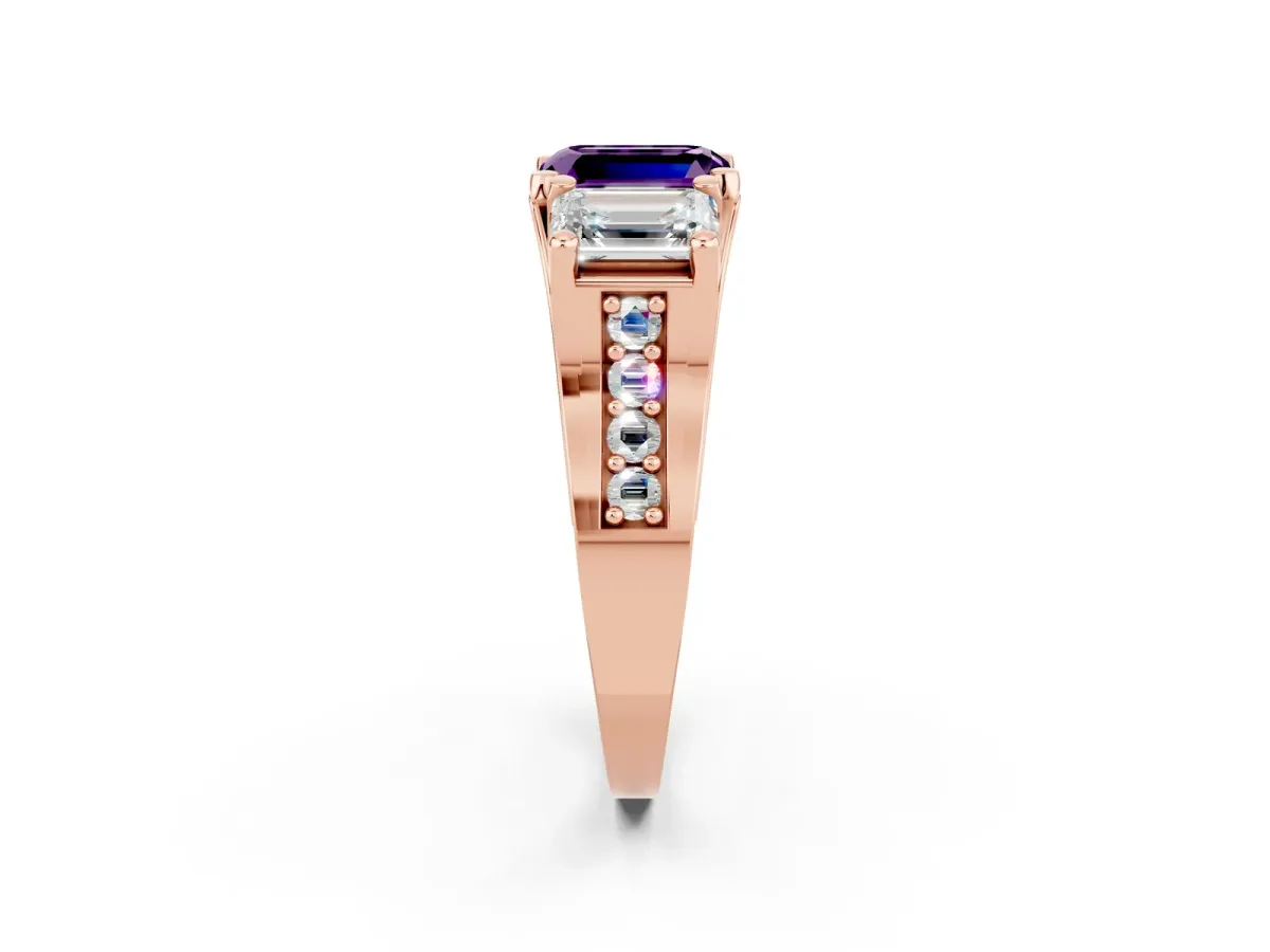 Emerald Cut Amethyst Three-Stone Ring with Channel Set Band and Four-Prong Setting Rose gold