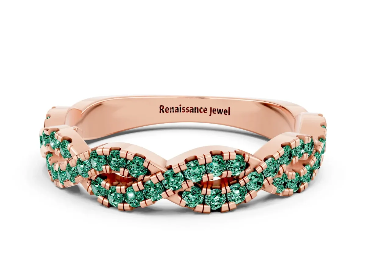Round Green Sapphire Twisted Eternity Band with Pavé and Shared Prong Setting Rose gold