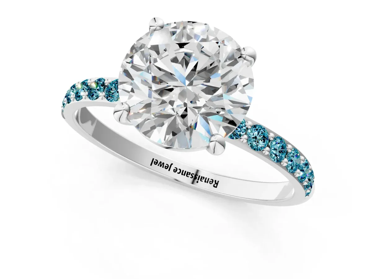Round Cut Diamond Solitaire Ring with Round Blue Topaz Pavé Band and Prong Setting Silver