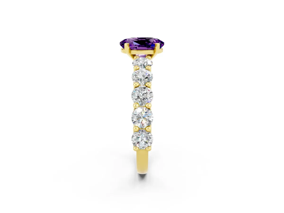 Oval Cut Amethyst Prong Setting with Side Stones on a Pave Band Yellow gold