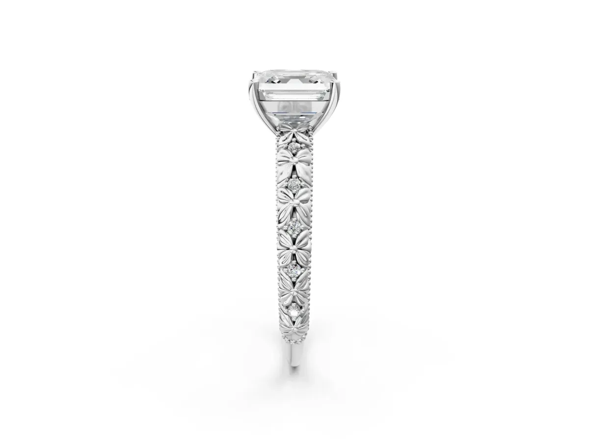 Asscher Cut Solitaire Floral Milgrain Engagement Ring White gold