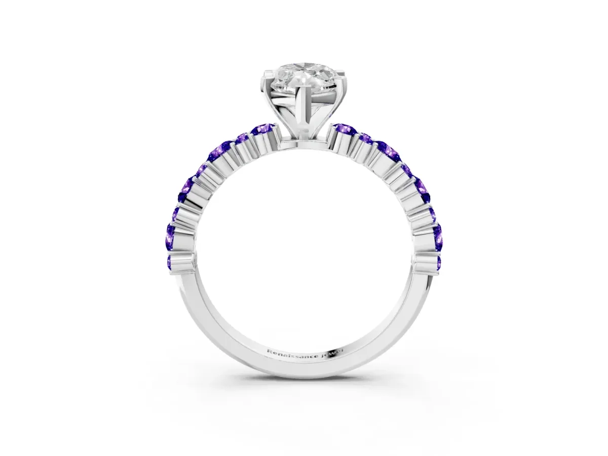 Marquise Cut Diamond Side Stone Solitaire Ring with Round Tanzanite and Four-Prong Setting Silver
