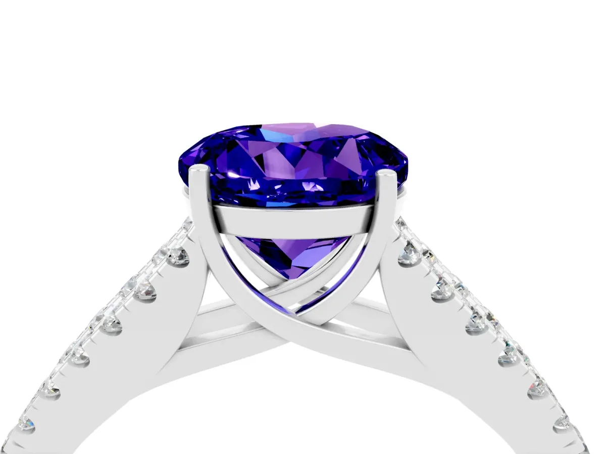 Round Cut Tanzanite Split Shank Engagement Ring with Round Pavé and Prong Setting Platinum