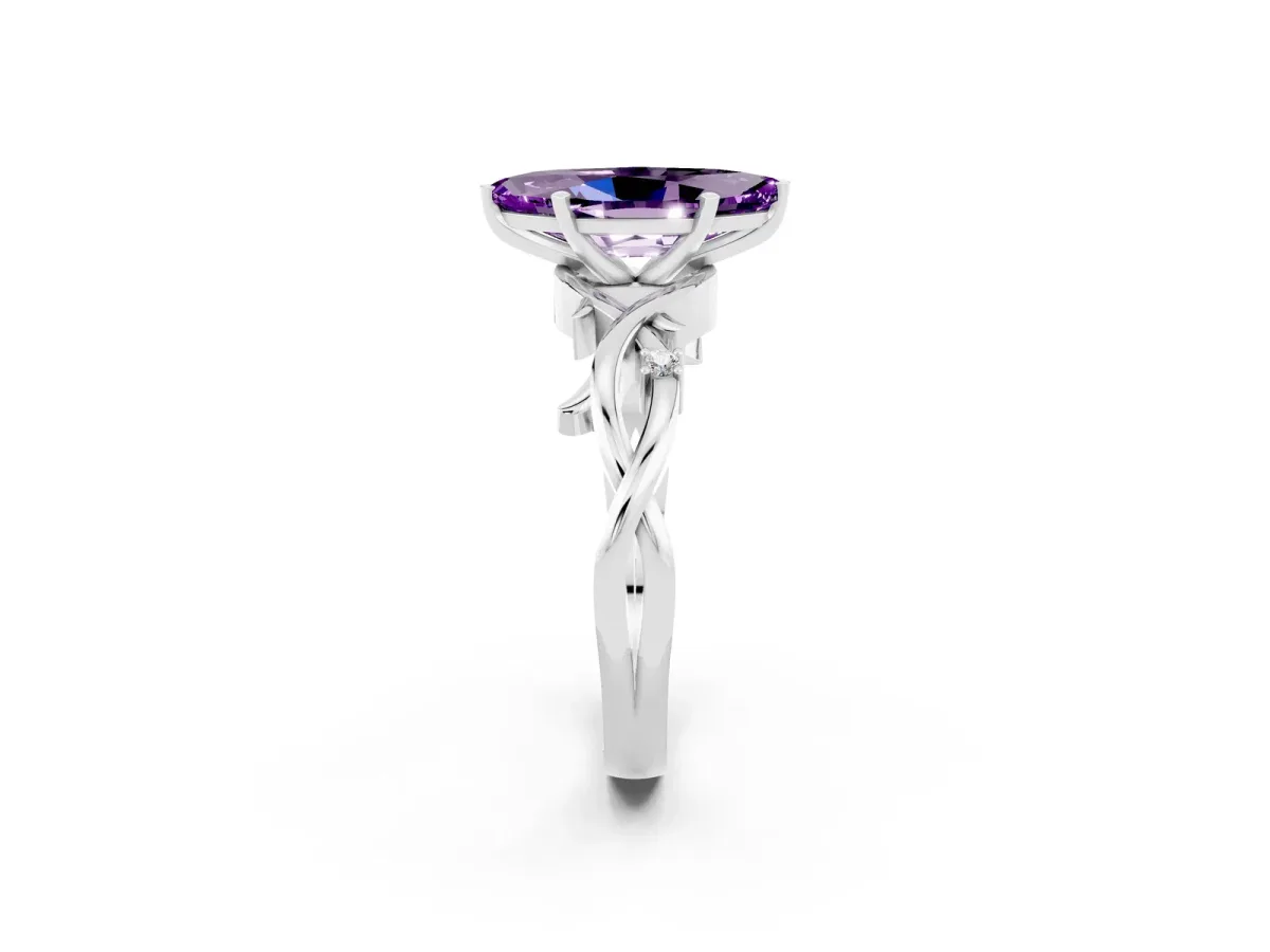 Marquise Cut Amethyst Solitaire Ring with Twisted Band and Prong Setting Platinum