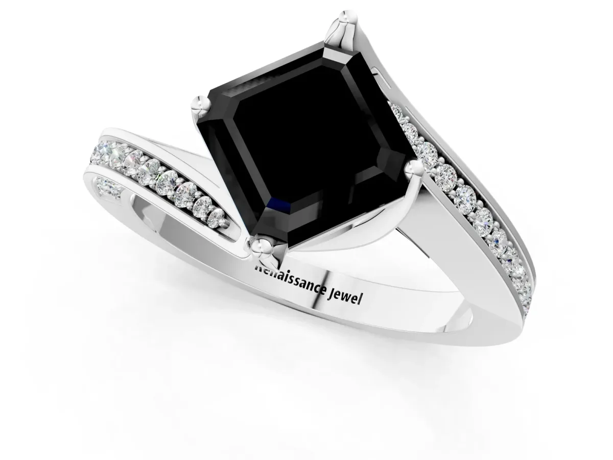 Fancy Black Asscher Cut Solitaire Diamond Twist Band with Pavé Setting and Four-Prong Setting Platinum