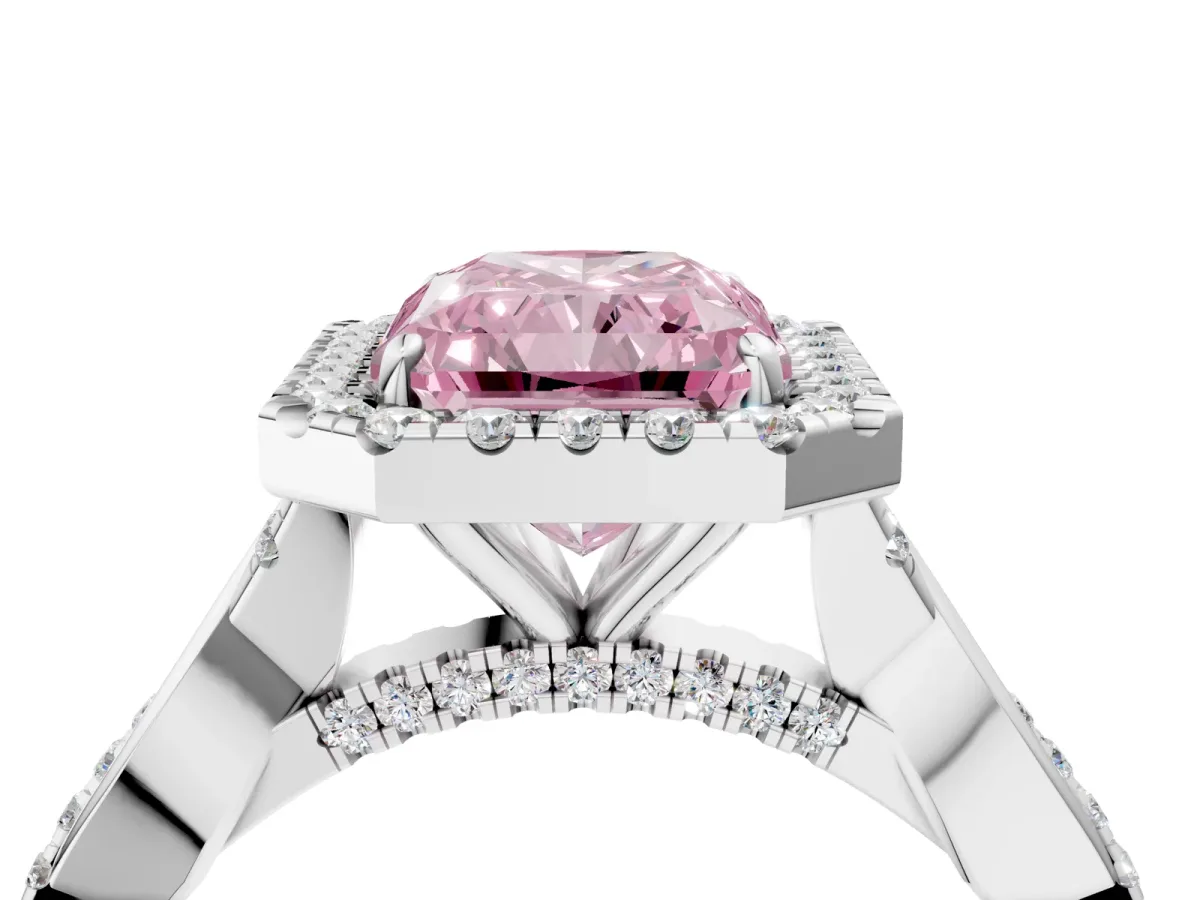 Fancy Pink Radiant Cut Halo Twist Band Solitaire Ring Platinum