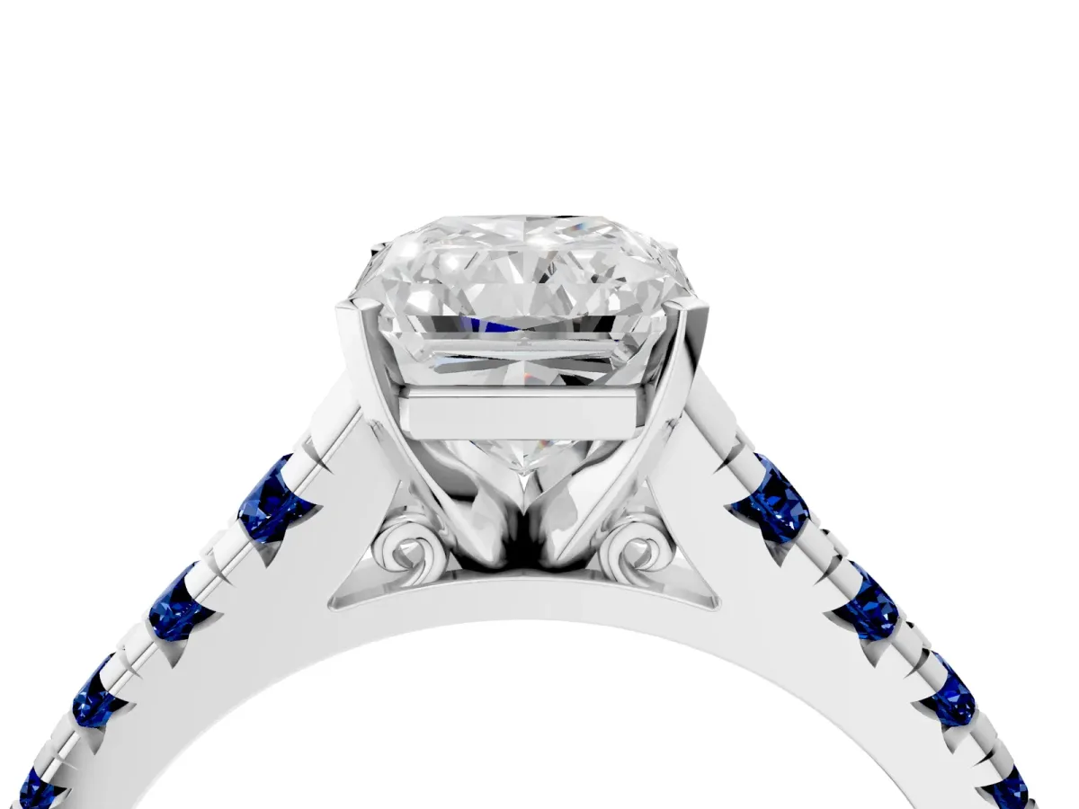 Radiant Cut Diamond Cathedral Solitaire Ring with Round Blue Sapphire Pavé Band Silver