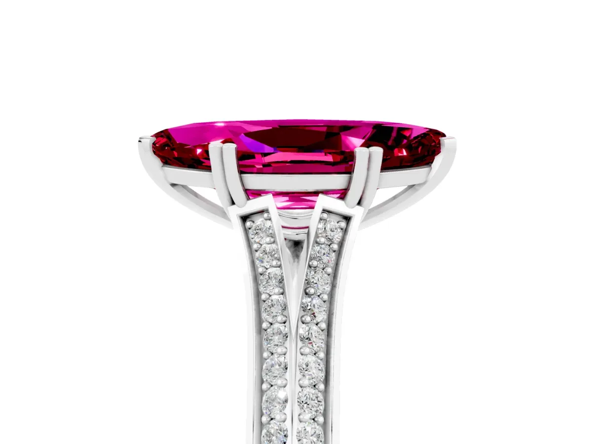 Marquise Cut Garnet Split Shank Engagement Ring with Pavé Band White gold